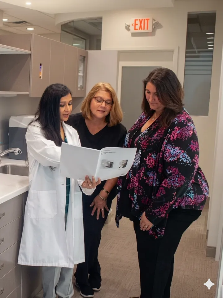 Dr. Shah reviewing X-rays with patients at Premier Arts Dental